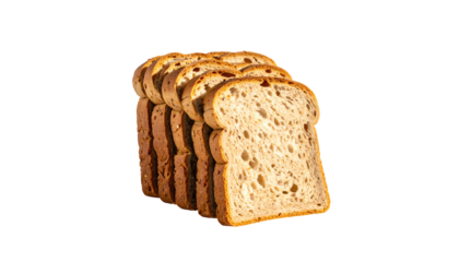 Close-up of sliced loaf with brown crust and airy texture, cut and stacked for a food presentation with a solid black backdrop
