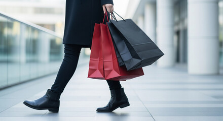 Stylish person carrying shopping bags while walking outdoors with modern architecture in background.
