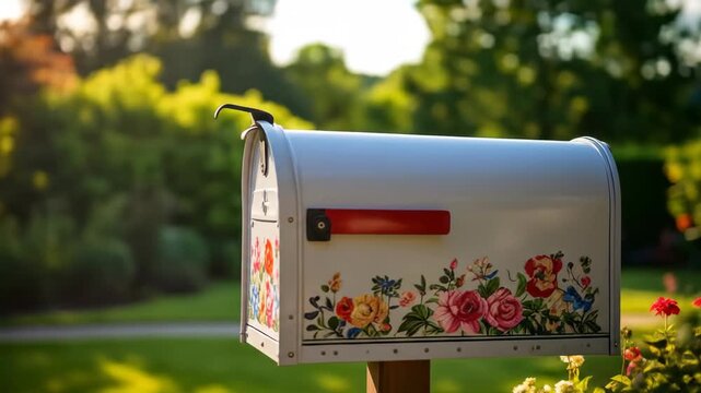 Vintage mailbox adorned with colorful floral decals in a green, sunny garden setting.