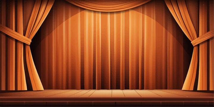 Classical theater stage with luxury red velvet curtains and drapes illuminated by a spotlight for an opera performance or cinema event presentation on a wooden floor backdrop