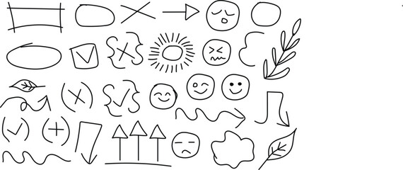 Obraz premium A collection of hand drawn doodles and simple emoticon faces with various shapes and symbols
