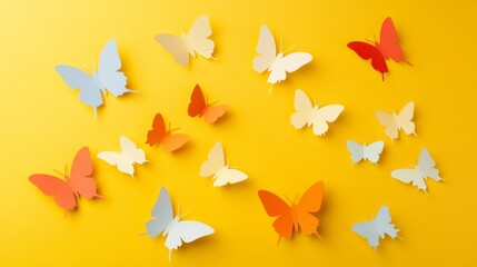 Colorful paper cut out butterflies on a bright yellow background create a vibrant display in a craft setting during daylight hours