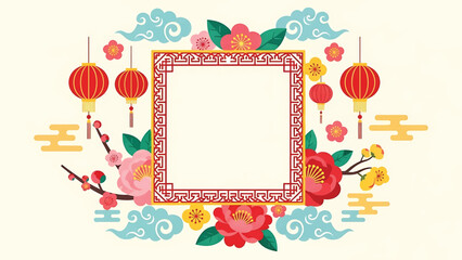Square Chinese New Year vector frame with traditional patterns, flowers, lanterns, and clouds, elegant festive background perfect for posters, invitations, and greetings