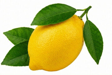 Fresh Yellow Lemon with Green Leaves Isolated on White Background