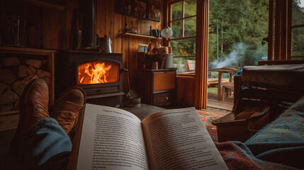 A person enjoying a Digital Detox cabin (no Wi-Fi, no signal) reading a physical book by a wood stove