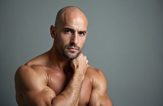 Bald man with muscular physique poses seriously against gray backdrop. His bare chest and arms are visible. He rests hand on neck, looking thoughtful. Strong, healthy, confident male.