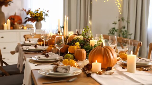 Festive autumn table setting with pumpkins, candles, and elegant tableware for a seasonal celebration.