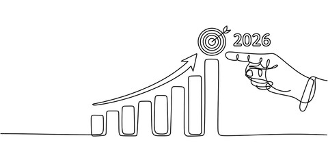 Hand pointing to financial growth chart with upward trend and 2026 target icon. Concept for business analytics,financial forecast, investment growth, and strategic planning.Continuous one line drawing