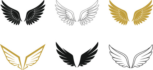 Angel wing logo illustration set featuring black, white, and gold feathered wings for branding designs © EdGe Creative