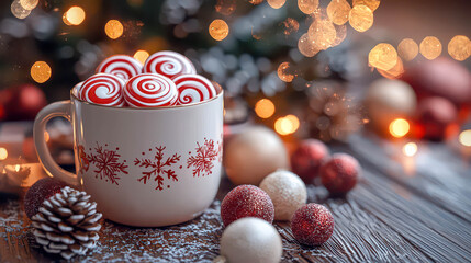 Red and white peppermint swirl lollipops displayed in a mug with festive Christmas ornaments and warm holiday bokeh lights in the background