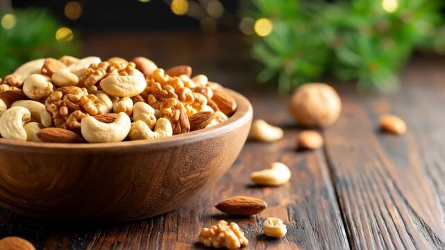Wooden bowl filled with a variety of mixed nuts for snacking