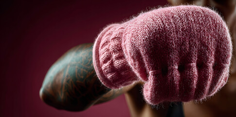 Woman arm and hand is wearing boxing grove and is hooking or fighting with someone or against something, Breast cancer campaign.