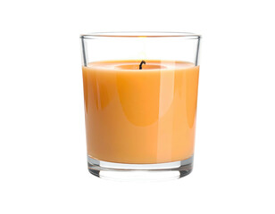 Close-up of a lit candle, golden orange wax in a clear glass container