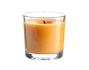 Close-up of an orange wax candle burning inside a clear glass container against a black background