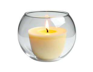 A lit candle in a clear spherical glass container, against a black background