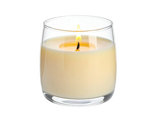 A lit candle in a clear glass container against a black background, with a flame burning
