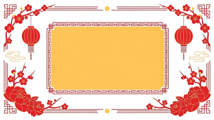 Chinese New Year vector poster with ornate border, floral corners, and lantern accents, minimal central space for festive typography and holiday marketing use © meeblues