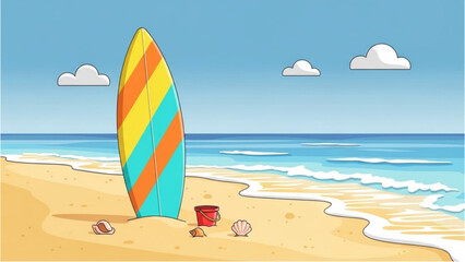 A colorful surfboard standing upright on a sandy beach with seashells and a bucket, overlooking the ocean waves under a blue sky with white clouds. © Stock Image Zone