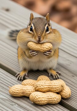 A Cute Chipmunk Standing On A Wooden Table With Its Cheeks Full Of Peanuts And More Peanuts In Front