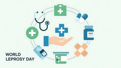 World Leprosy Day Healthcare Illustration with Medical Icons and Central Hand Symbol