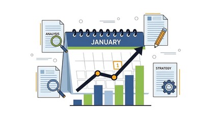 Business Strategy and Analytics Illustration with Calendar, Growth Charts, and Planning Documents