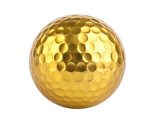 A close-up shot of a golden golf ball with dimples against a black background