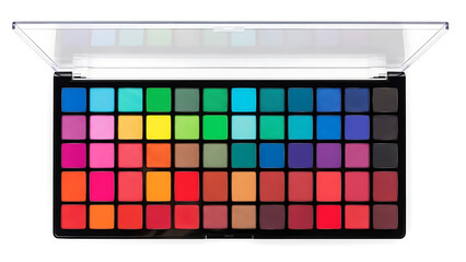 High-angle professional studio photograph featuring a vibrant and expansive fifty-shade eyeshadow palette with a transparent open lid, artistically arranged on a pristine white background with subtle 