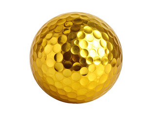A close-up shot of a golden golf ball with a dimpled surface on a solid black background
