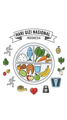 Balanced Food Chart for Hari Gizi Nasional Indonesia with Colorful Nutritional Icons