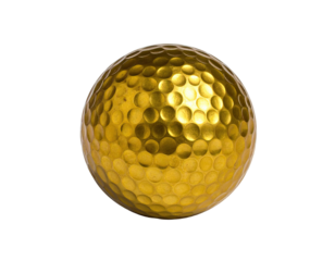 A close-up shot of a single, gleaming, golden golf ball isolated against a black background (1)