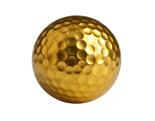 A close-up shot of a single, gleaming, golden golf ball isolated against a black background