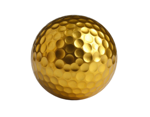 A close-up shot of a single, gleaming, golden golf ball isolated against a black background