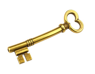 Close-up of antique gold skeleton key. Shows handle detail and key teeth on black backdrop