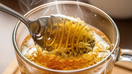 Golden honey slowly dripping from a spoon into a steaming hot beverage in a clear glass mug, offering warmth and sweetness