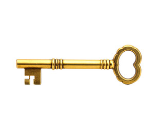 A detailed golden skeleton key, isolated on a black background