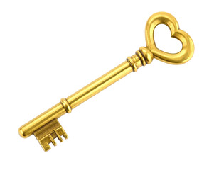 A golden skeleton key, heart-shaped handle, isolated against a solid black background