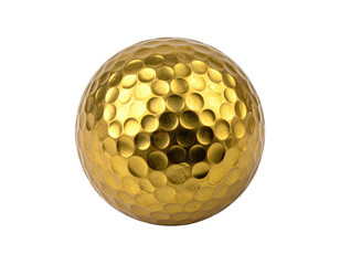 Close-up of a perfectly round, golden golf ball, isolated against a black background
