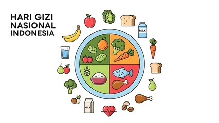Balanced Food Chart for Hari Gizi Nasional Indonesia with Colorful Nutritional Icons