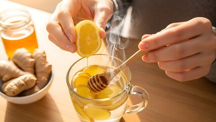 Hands squeezing fresh lemon into a warm ginger and honey tea for a soothing natural health drink