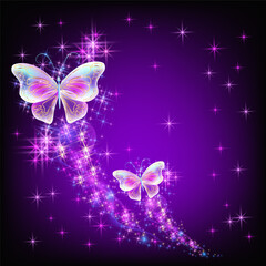 Magic two butterflies with fantasy sparkle and blazing trail and glowing stars