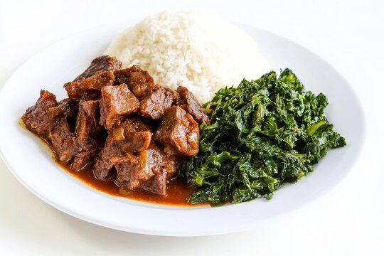 Zimbabwean sadza with saut&eacute;ed leafy greens served on a white plate against a white background for a clean presentation of traditional food