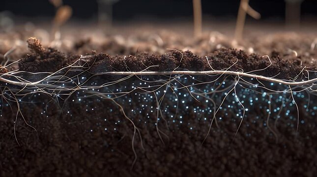 Macro Soil Cross Section Showing Plant Roots Absorbing Nutrients with Blue Glowing Particles