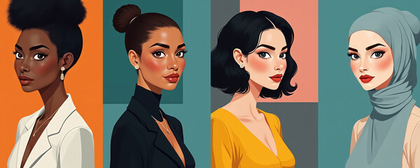 Diverse women portraits with bold typography in minimal poster art style. Features women of different ethnicities and styles promoting global beauty and fashion with clean lines and color blocks.