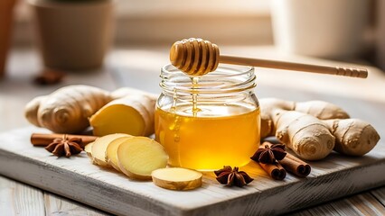 Golden natural honey pouring over fluffy pancakes, served with fresh berries for a sweet breakfast
