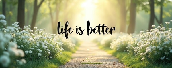 Inspiring quote life is better on a sunny path through a forest meadow lined with blooming white flowers. Gentle light creates a peaceful, natural scene perfect for motivational content.