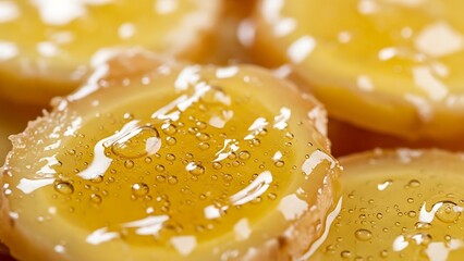 Candied Ginger Slices Drizzled with Sweet Syrup Close-up