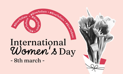 Women's day banner with halftone bouquet of flowers. Streamer with hashtag givetogain. 8 march card in collage style. Cut out tulips. Vector illustration.