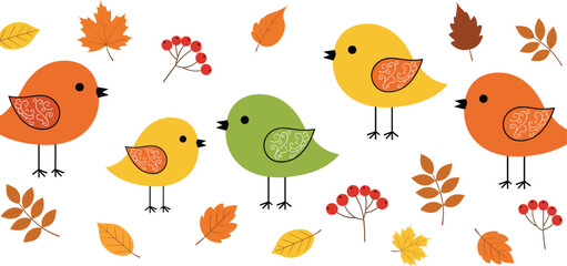 Cute autumn birds with fall leaves and berries cartoon seasonal nature vector illustration © Sumon Creative