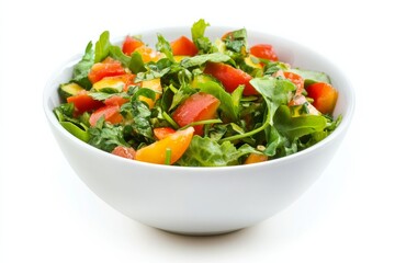 Serving of Zimbabwean vegetable relish with mixed greens and tomatoes in a white bowl on a plain white background captures the essence of local cuisine