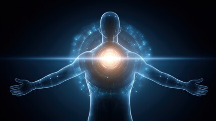 Digital human body with glowing energetic core, representing technology, health, and spiritual connection
